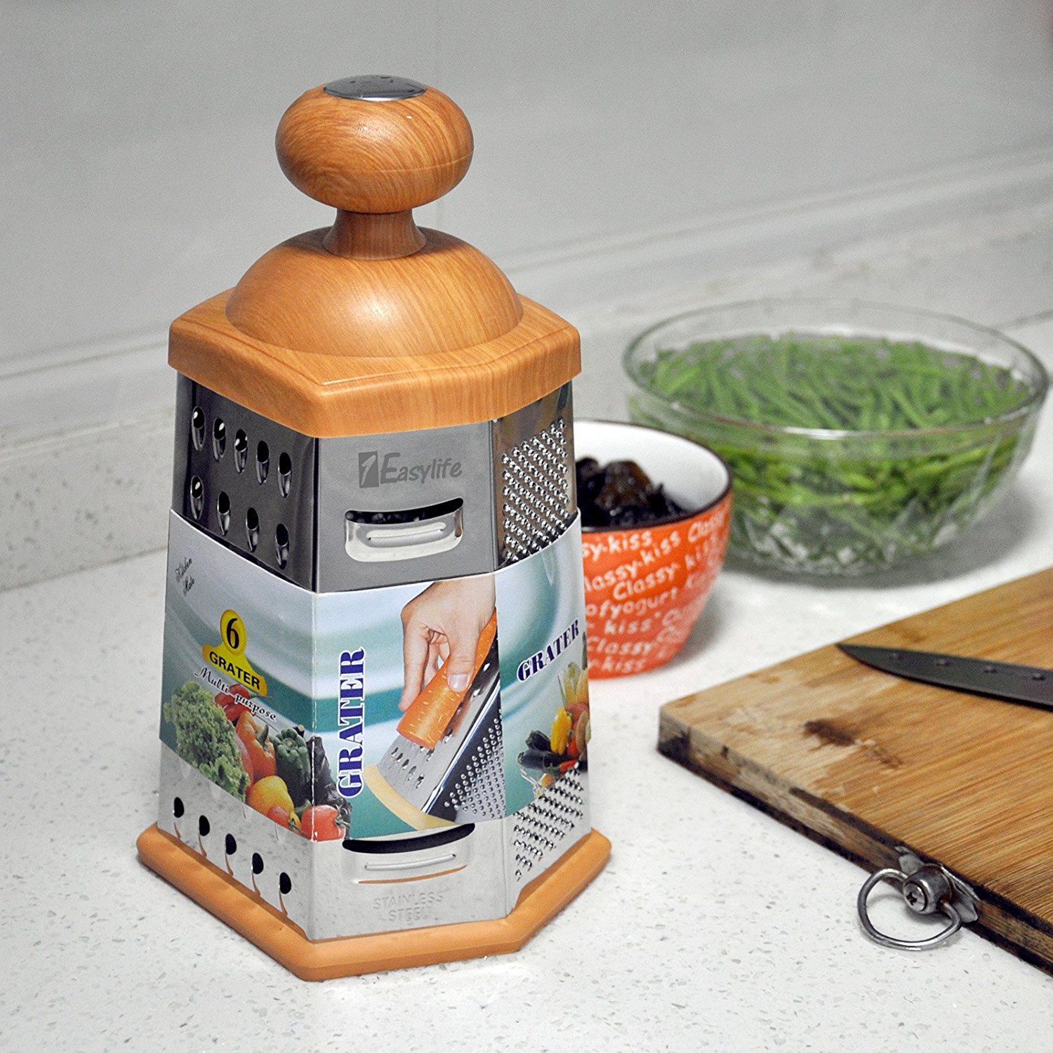 1Easylife 6Side Box Grater Stainless Steel Cheese Grater with Wood